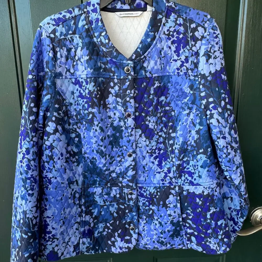 Isaac Mizrahi QVC Quilted Snap Jacket L Blue Floral Print Lightweight Fall Layer